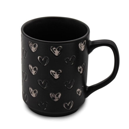 Hrnček porcelánový 340ml, čierny, dekor srdiečka