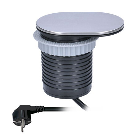 Solight 1x vstavaná zásuvka + 1x USB s posuvným viečkom, oválny kryt z brúseného hliníka, predlžovací prívod 1,9 m, USB 2400mA