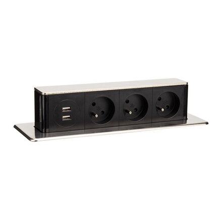 Solight USB výsuvný blok zásuviek, 3 zásuvky, hliník + plast, obdĺžnikový tvar, predlžovací prívod 1,9m, 3 x 1mm2, strieborný