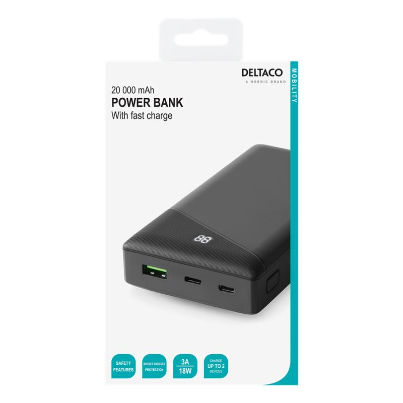 DELTACO PB-C1001, Powerbank 20000mAh, 1x USB/1x USB Type C, čierna