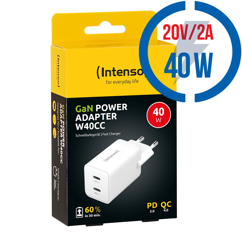 INTENSO W40CC GaN, 2x USB C, Nabíjačka, 40W, biela INTENSO W40CC GaN, 2x USB C, Nabíjačka, 40W, biela