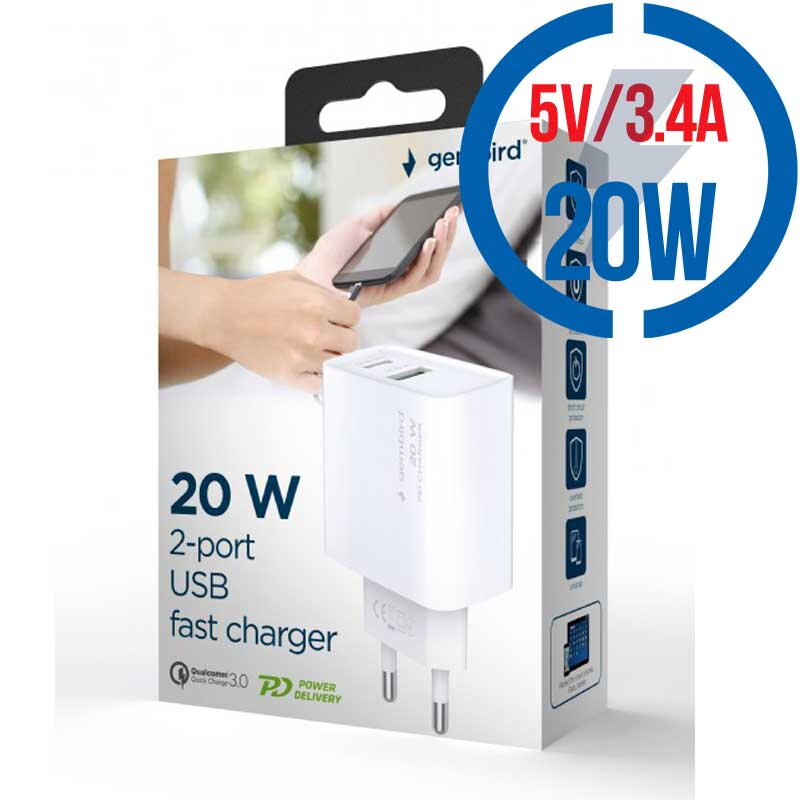 GEMBIRD Rýchlo nabíjačka USB/USB Type C, 20W, 5V/3,4A, biela (TA-UC-PDQC20-01-W)
