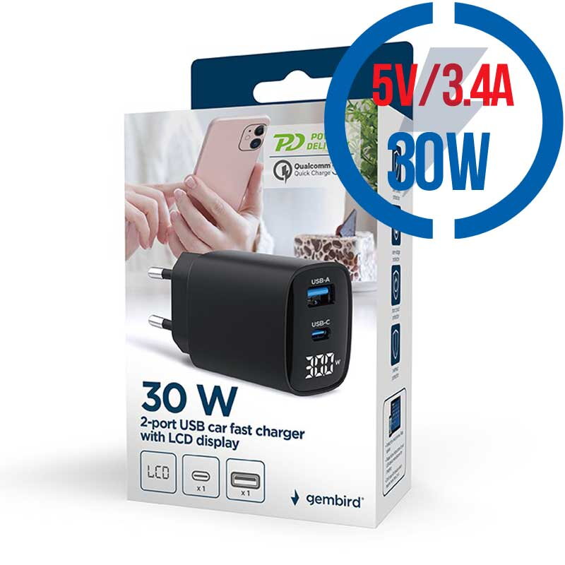 GEMBIRD Nabíjačka, USB/USB-C, 30W, čierna GEMBIRD Nabíjačka, USB/USB-C, 30W, čierna