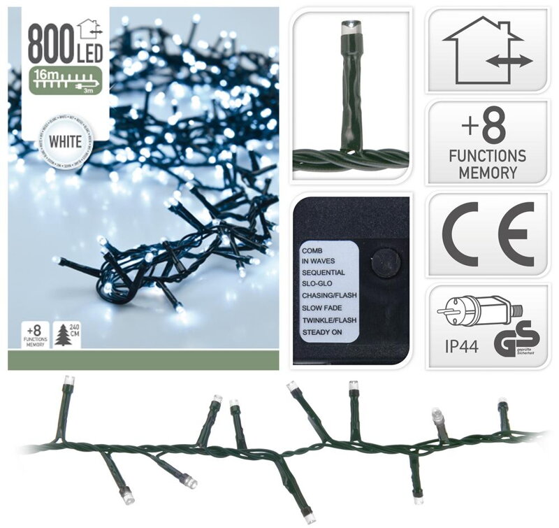 Svetlo vianočné 800 LED studené biele, s funkciami, 16m, na 240 cm stromček, vonkajšie/vnútorné