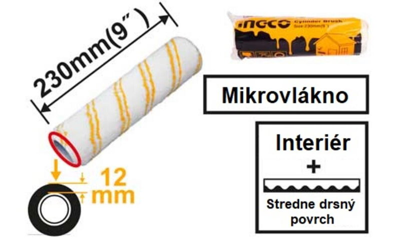 Valček maliarsky náhradný 230x12mm mikrovlákno INGCO, na drsný povrch Valček maliarsky náhradný 230x12mm mikrovlákno INGCO, na drsný povrch