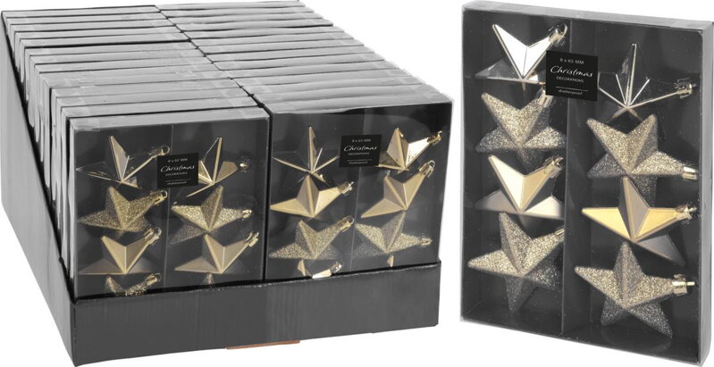 Ozdoba závesná hviezda 6,5 cm, sada 8 ks, zlatá