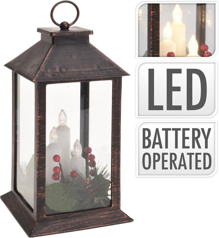 Lampáš svietnik s LED sviečkami 29 cm medený efekt