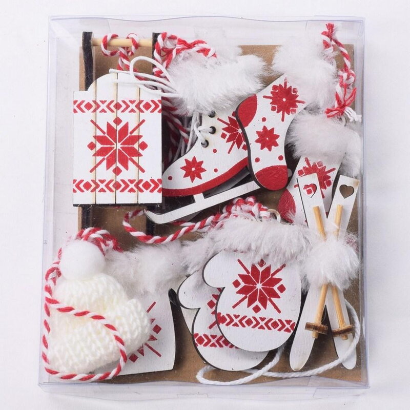 Ozdoba vianočná závesná sada 6 ks drevená bielo-červená mix