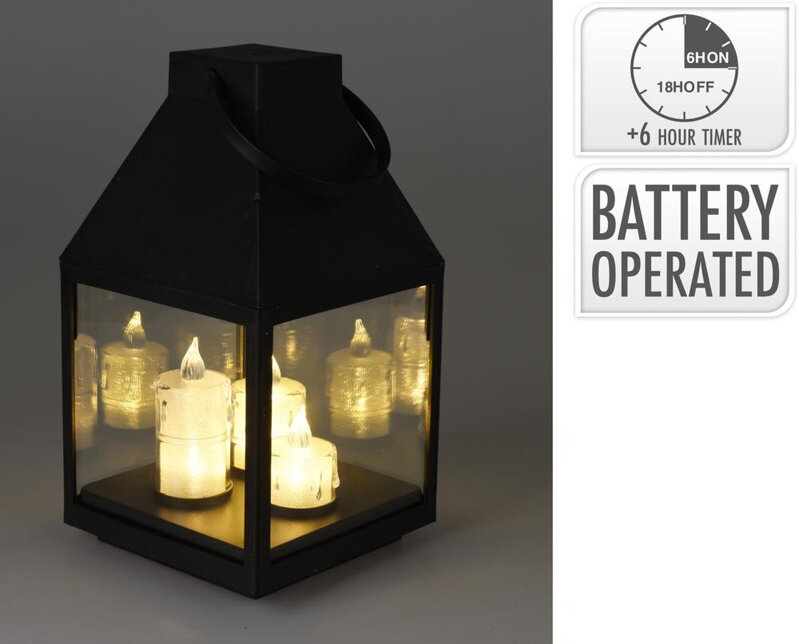 Lampáš svietnik s LED sviečkami 13,5x13,5x25 cm s časovačom plast čierny