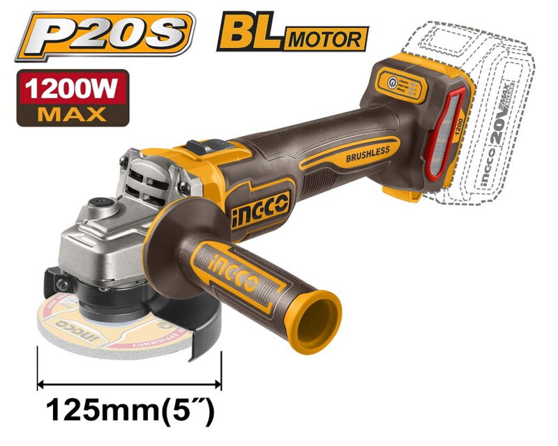 Brúska uhlová bezkartáčová 125mm CAGLI221253 INGCO AKU 20V P20S INDUSTRIAL bez akumulátora a nab. Brúska uhlová bezkartáčová 125mm CAGLI221253 INGCO AKU 20V P20S INDUSTRIAL bez akumulátora a nab.