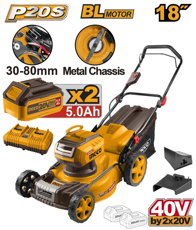 Kosačka na trávu bezkartáčová LI-ION 46cm LMLI20185 INGCO AKU 20V KIT P20S