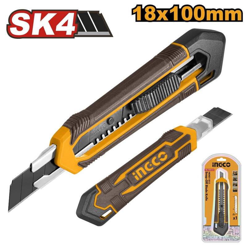Nôž lamaci 18mm s tlačítkom, ergonomické telo INGCO 1x čepel Nôž lamaci 18mm s tlačítkom, ergonomické telo INGCO 1x čepel