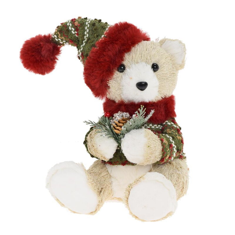 Postavička medveď v svetri s čiapkou 27 cm textil