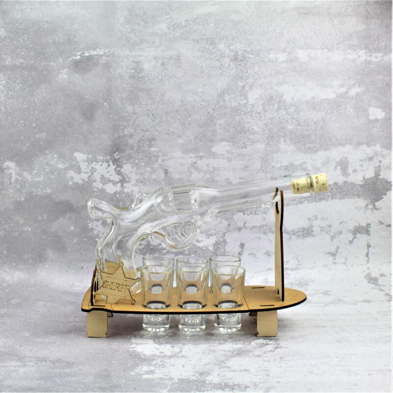 Pohár 25ml štamprlík 6ks s fľašou v stojane