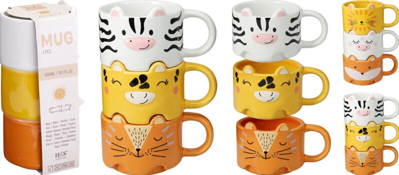 Hrnček dolomit 300 ml sada 3 ks stohovateľné dizajn zvieratko mix