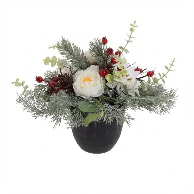 Dekorácia kvetináč pivónia + vianočná ruža 20 cm biela