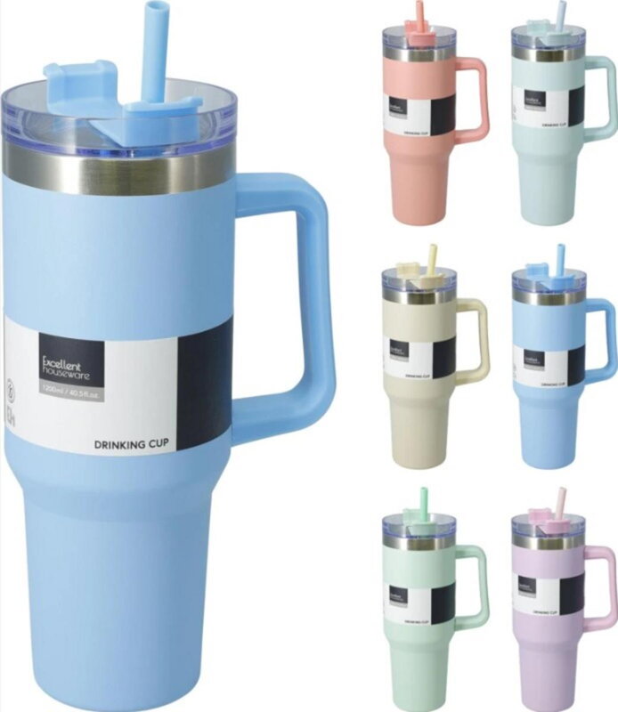 Termohrnček nerezový so slamkou 1200 ml mix farieb